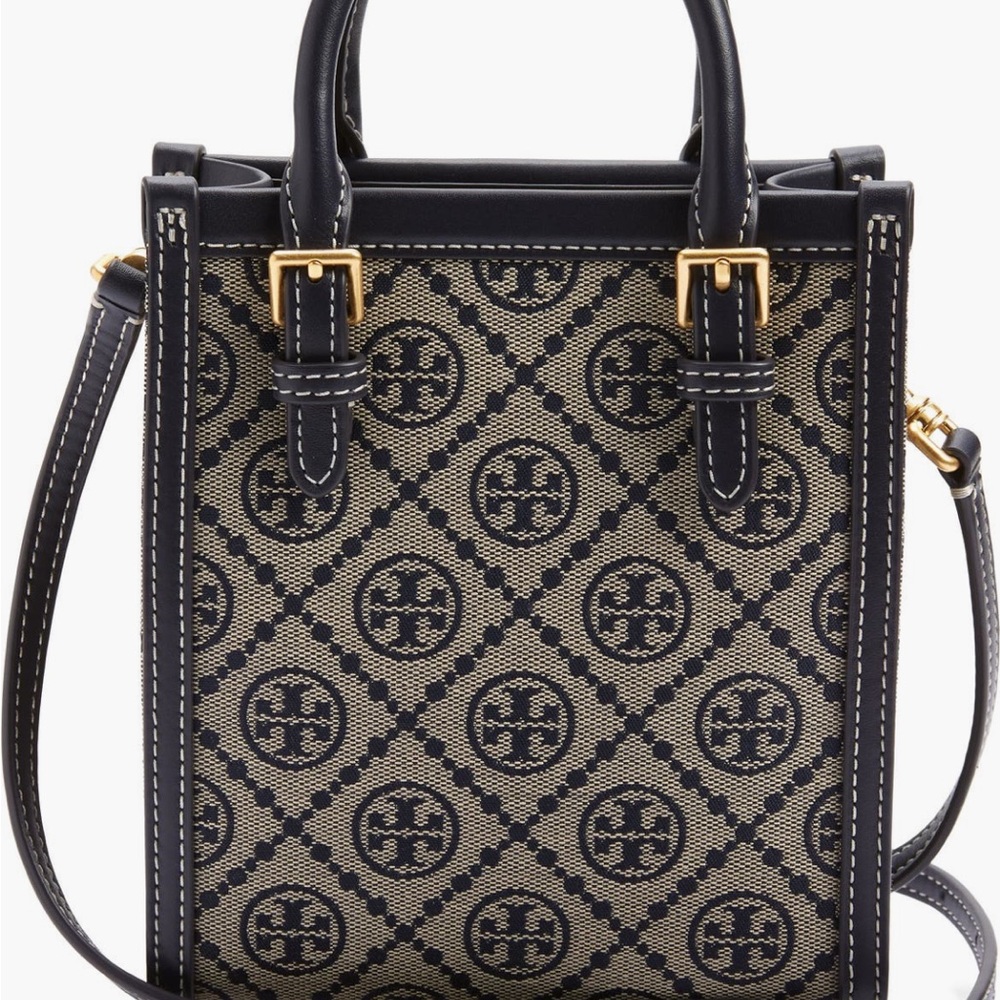 Tory Burch T Monogram Mini Jacquard Tote Navy Blue NWOT